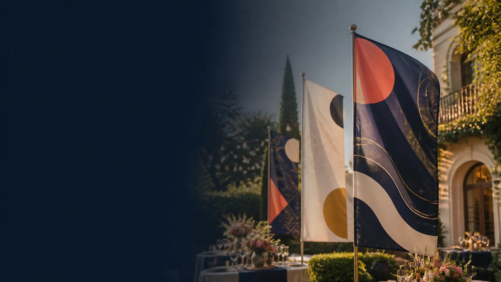 Abstract custom flags displayed at an outdoor celebration